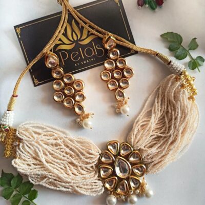 Gold Tone Kundan & Pearls Choker Necklace & Earring Set