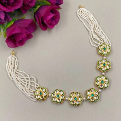 Gold Plated Jadau Kundan Polki & Green Stone Mathapatti