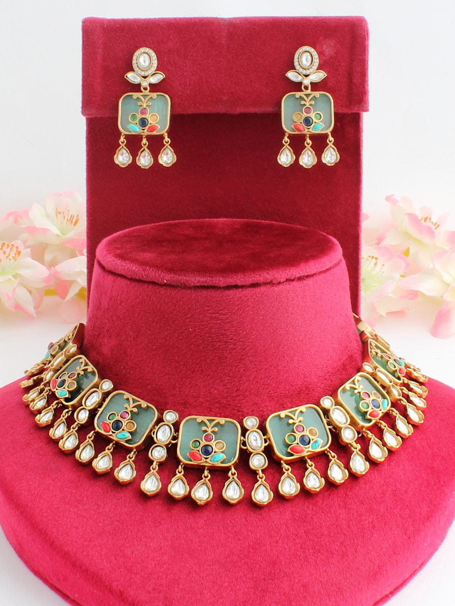 High Quality Uncut Polki Kundan Necklace with Earrings - Image 2