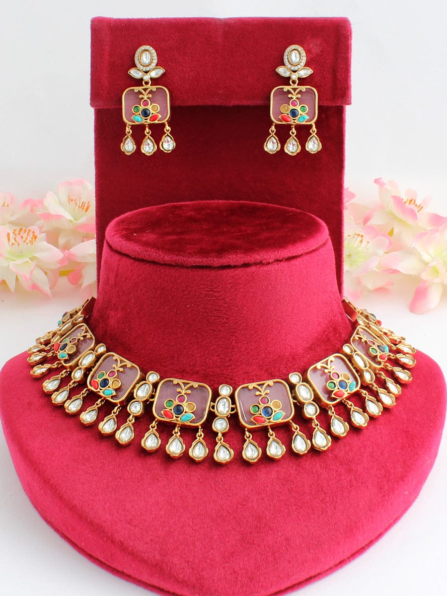 High Quality Uncut Polki Kundan Necklace with Earrings - Image 3