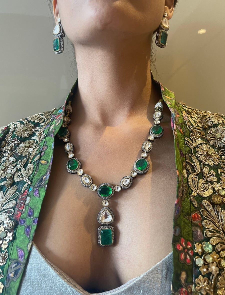 Two-Tone Finish Kundan Polki & Crystal Necklace Set - Image 3