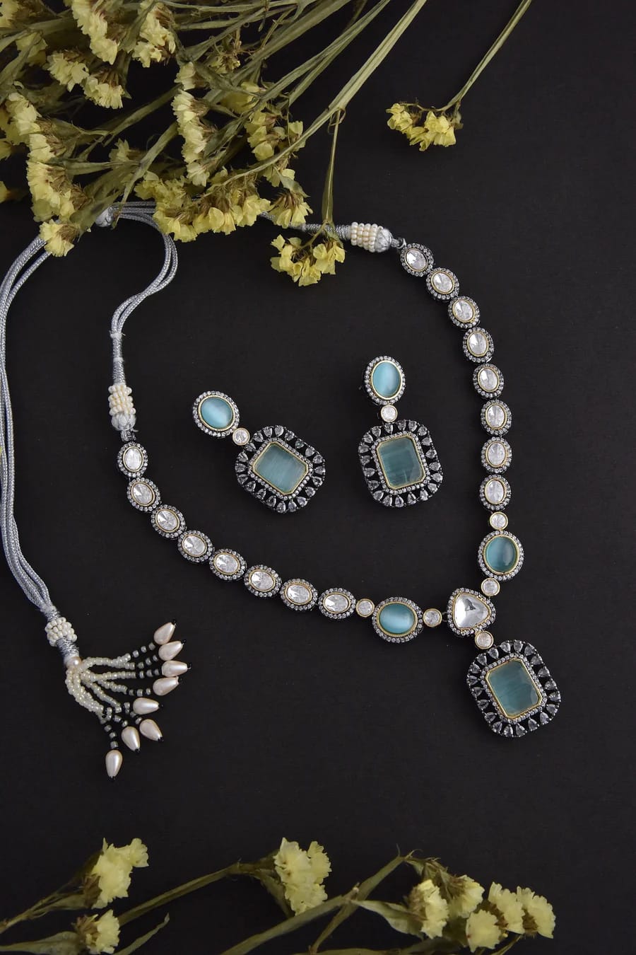 Two-Tone Finish Kundan Polki & Crystal Necklace Set - Image 5