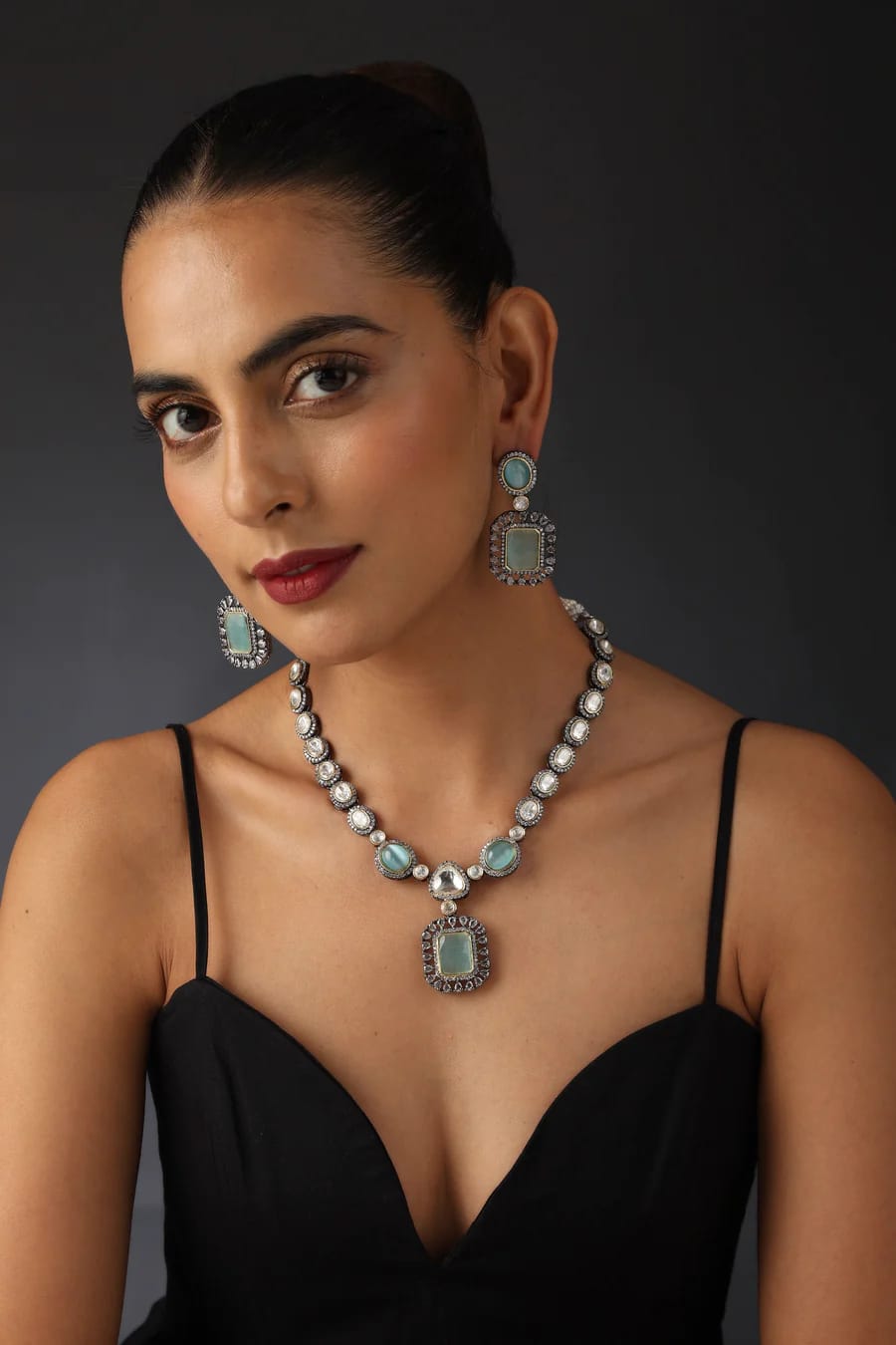 Two-Tone Finish Kundan Polki & Crystal Necklace Set - Image 3