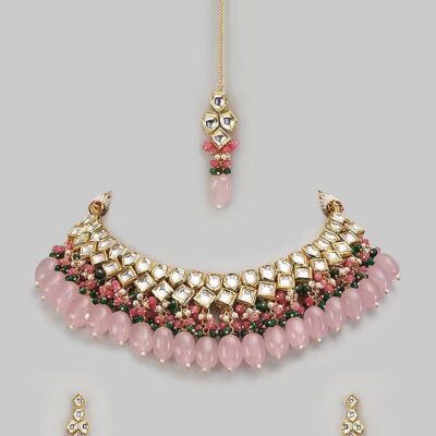 Gold Plated Kundan Polki & Beaded Necklace Set