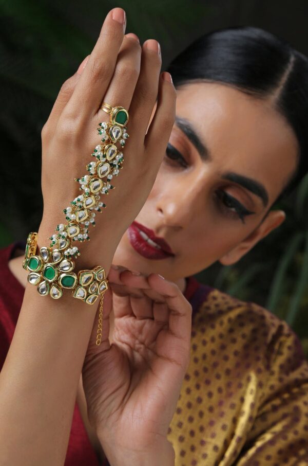 Gold Finish Kundan Polki & Pearl Haath Phool (Set Of 2) - Image 5