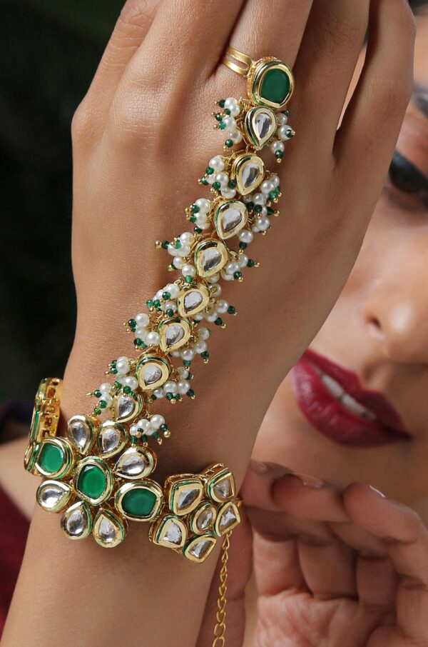 Gold Finish Kundan Polki & Pearl Haath Phool (Set Of 2) - Image 4