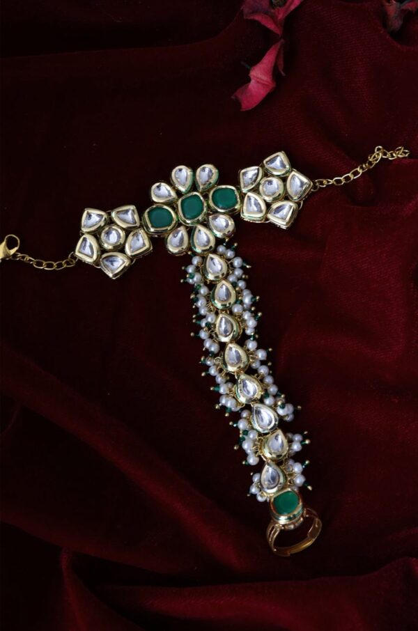 Gold Finish Kundan Polki & Pearl Haath Phool (Set Of 2)