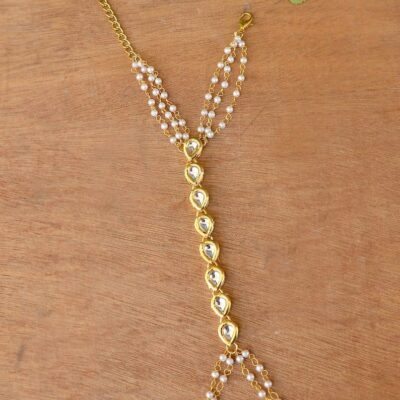 Gold Plated Kundan Multi Lined Pearl Hathphool - Set Of 2