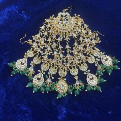 Gold Plated Green Emerald Kundan Passa Bridal Jhoomar Jewellery