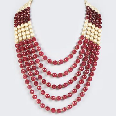 Maroon & White Moti Mala