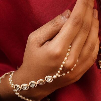 White Gold Tone Kundan Hathphool (Set Of 2)