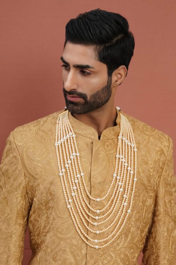 Dual Tone Pearl White & Off White Beaded Layered Necklace for Men - Image 2