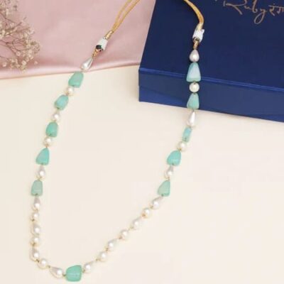 Gold Finish Blue Faux Stone & Pearl Layered Mala