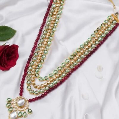 Gold Finish Multi-Colored Faux Stones & Kundan Polki Layered Mala