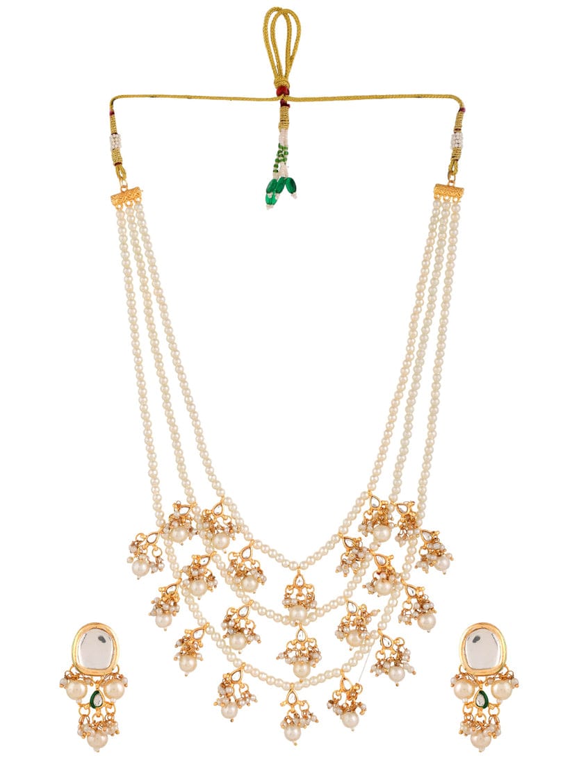 Ethnic Kundan & Pearls Multi Layers Bridal Necklace Set - Image 3