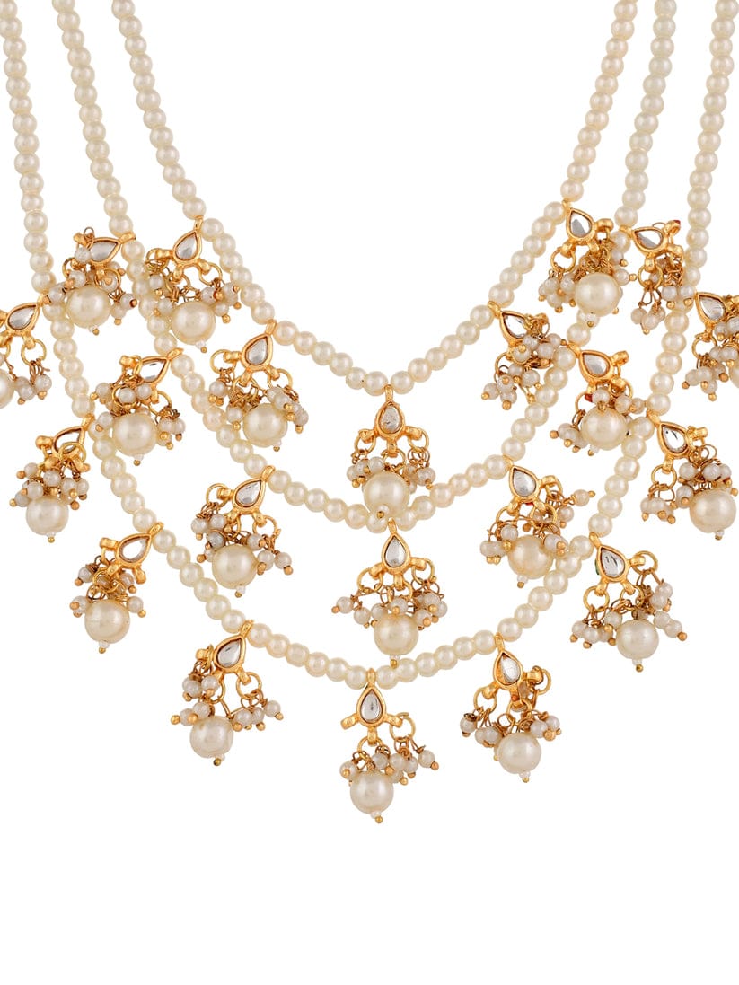 Ethnic Kundan & Pearls Multi Layers Bridal Necklace Set - Image 4