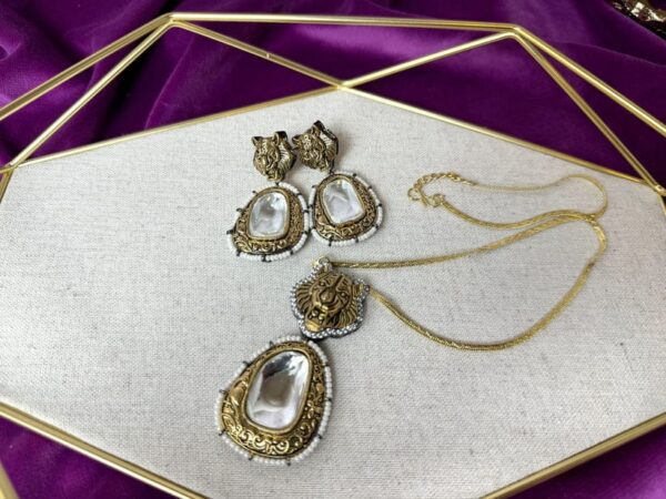 Indian jewellery Lion Pendant Gold Sabyasachi Necklace Set - Image 7