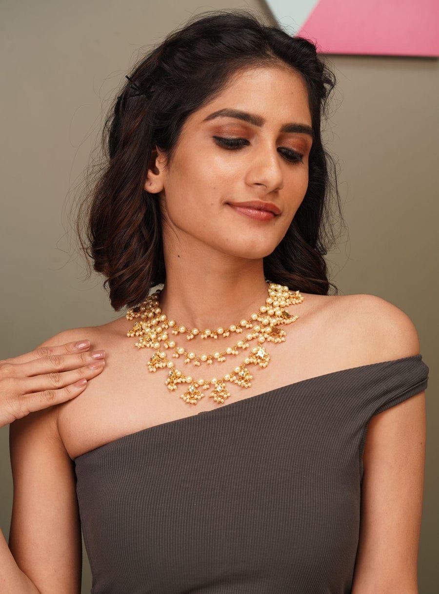 3 Layer Pearl Polki Necklace