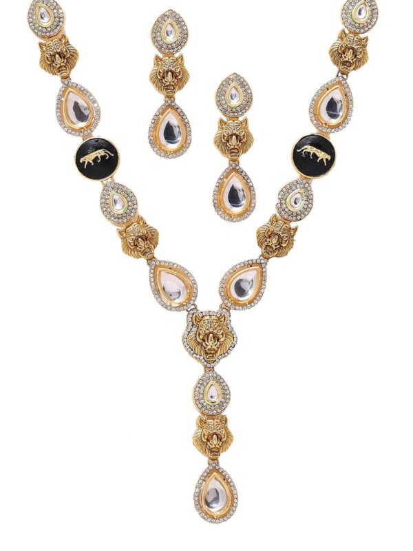 Gold Plated Kundan Polki Embellished Long Necklace With Earring - Image 4