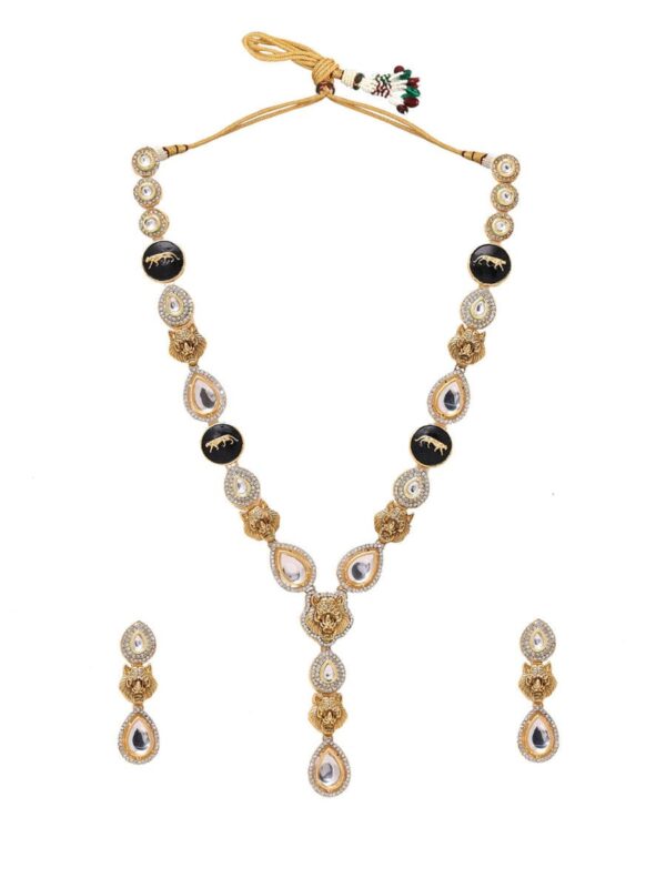 Gold Plated Kundan Polki Embellished Long Necklace With Earring - Image 3