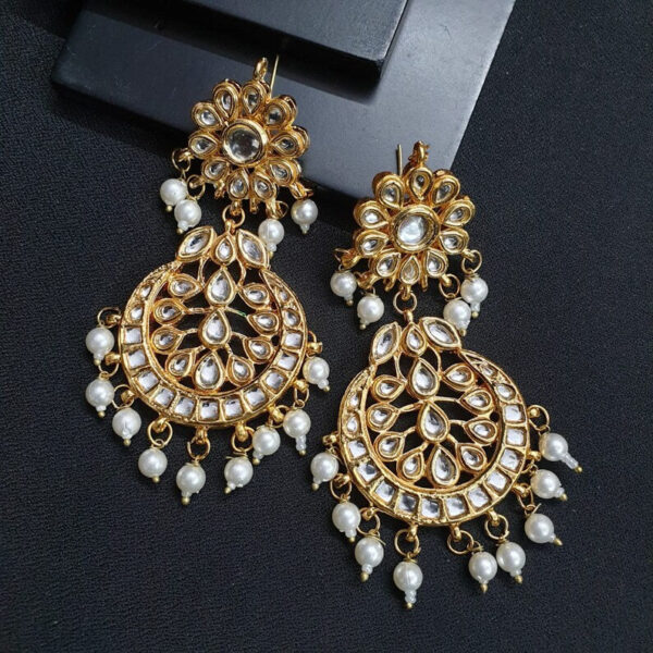 Gold-Plated Kundan-Studded Contemporary Chandbali Earrings - Image 3