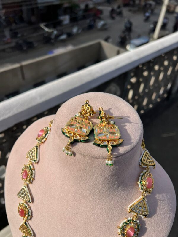 Gold Plated Stone Studded & Beaded Necklace With Earrings - Image 5