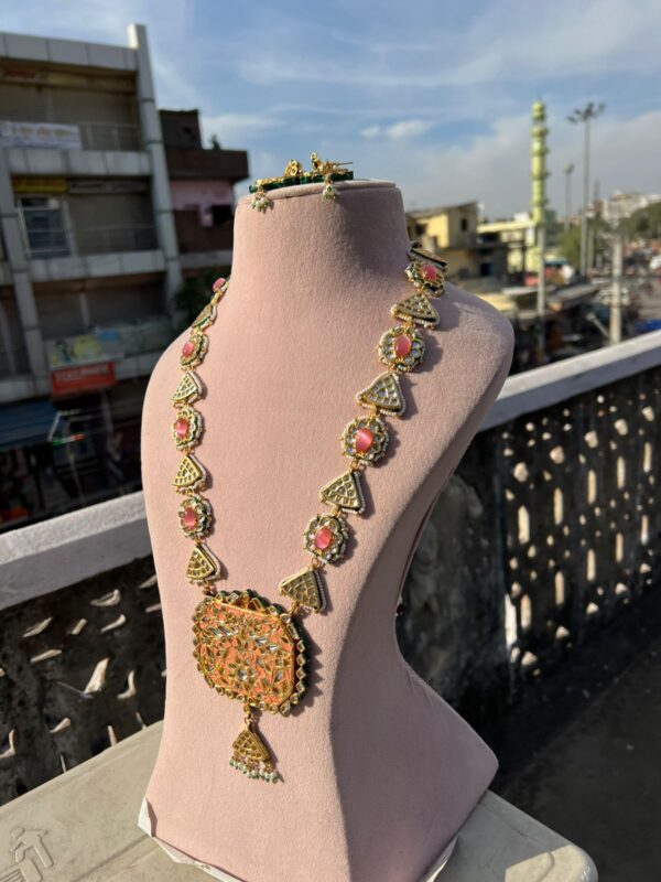 Gold Plated Stone Studded & Beaded Necklace With Earrings - Image 4