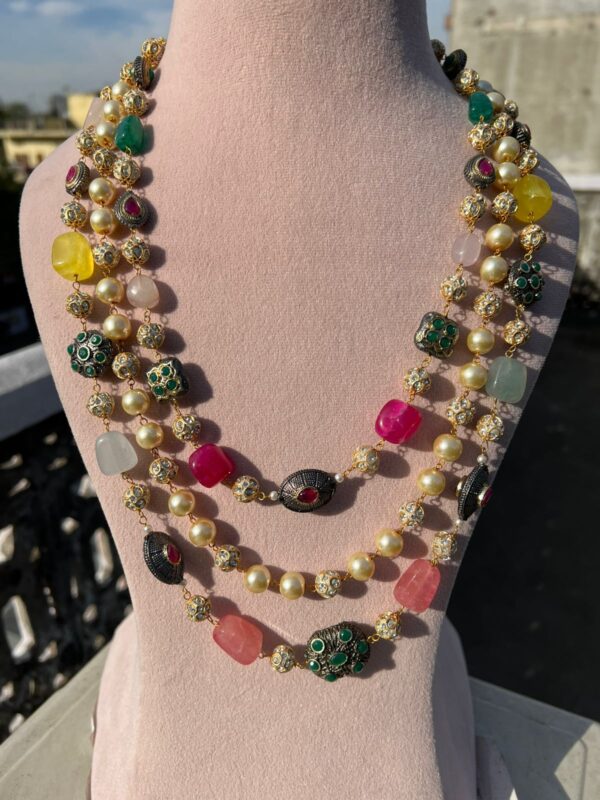 Gold-Plated Kundan-Studded & Pearl-Beaded Tripal-Stranded Handcrafted Nacklace With Earrings - Image 4