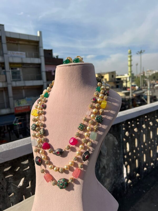 Gold-Plated Kundan-Studded & Pearl-Beaded Tripal-Stranded Handcrafted Nacklace With Earrings - Image 3
