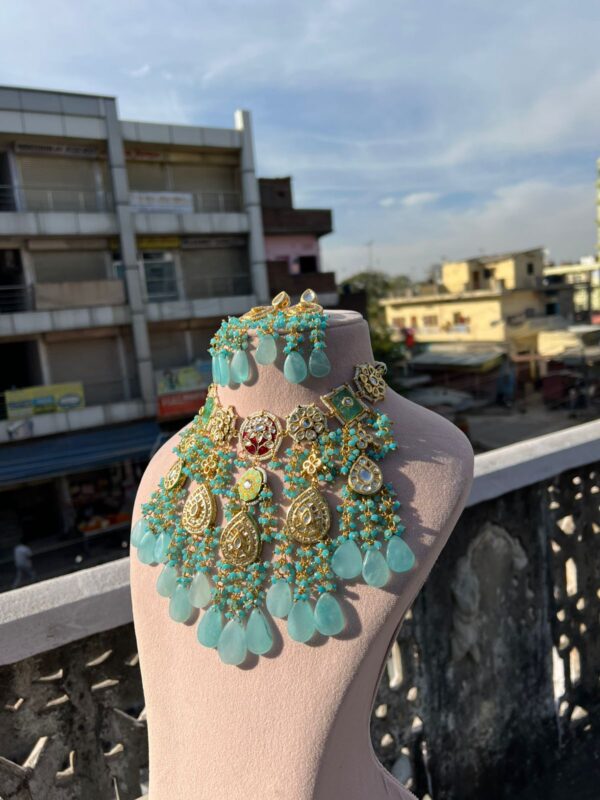 Gold Finish Semi-Precious Stone & Pearl Meenakari Necklace With Earrings - Image 3