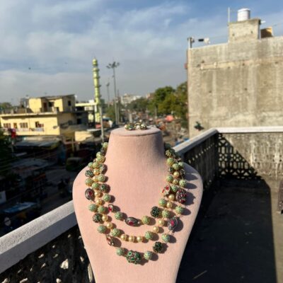 Gold Plated Kundan Stone Studded & Beaded Nacklace With Earrings