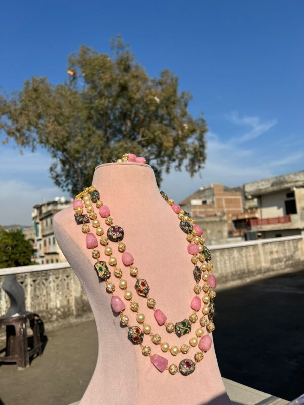 Gold Plated Kundan Stone Studded & Beaded Nacklace With Earrings - Image 2