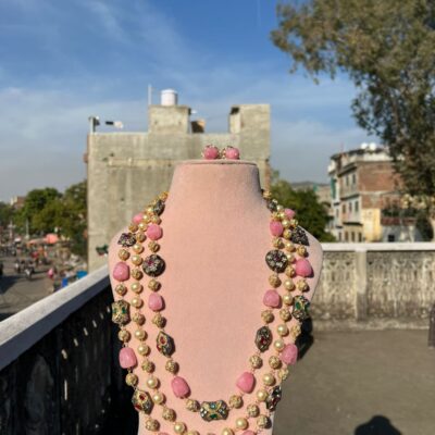 Gold Plated Kundan Stone Studded & Beaded Nacklace With Earrings