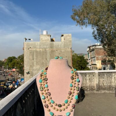 Gold Plated Kundan Stone Studded & Beaded Nacklace With Earrings