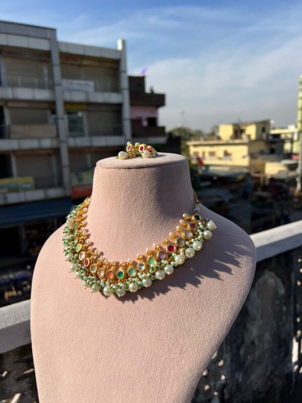 Beautiful Gold Plated Pearl Choker Necklace With Earrings - Image 2