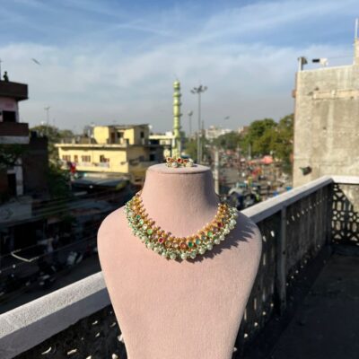 Beautiful Gold Plated Pearl Choker Necklace With Earrings