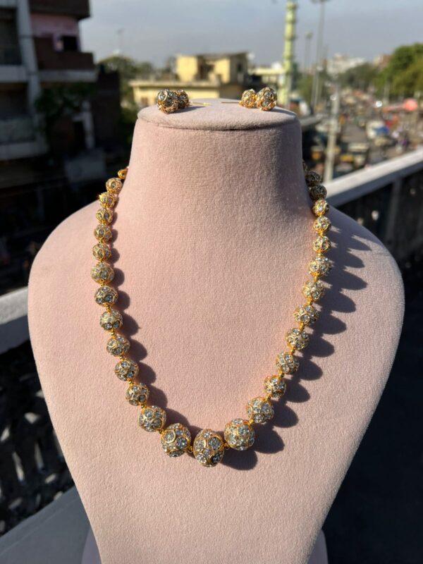 Gold Finish Kundan Polki & Natural Stone Necklace Set - Image 3