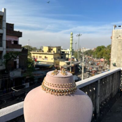 Gold Tone Kundan Bead Choker Necklace With Earrings
