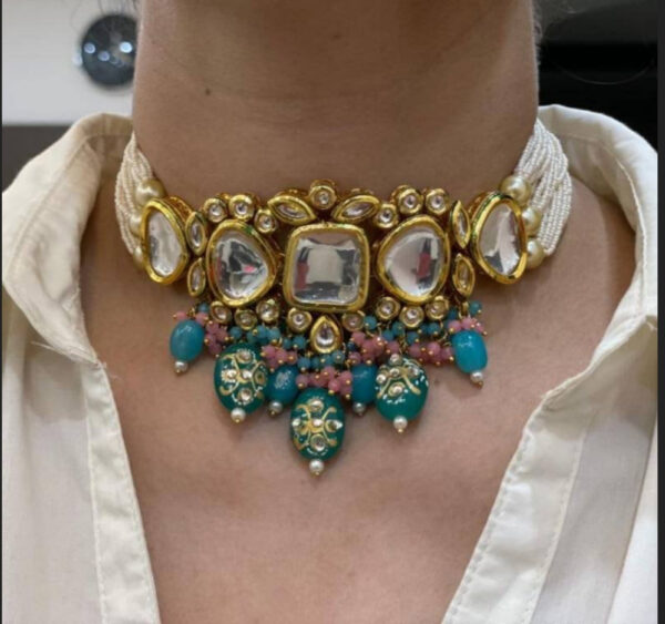 Gold Finish Kundan Polki & Rani Blue Beaded Choker Necklace With Earrings - Image 5