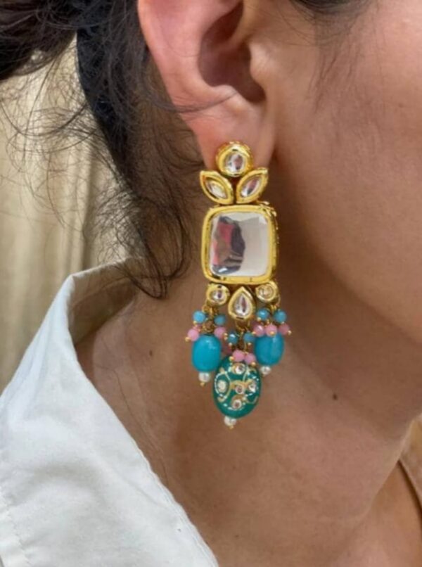 Gold Finish Kundan Polki & Rani Blue Beaded Choker Necklace With Earrings - Image 6