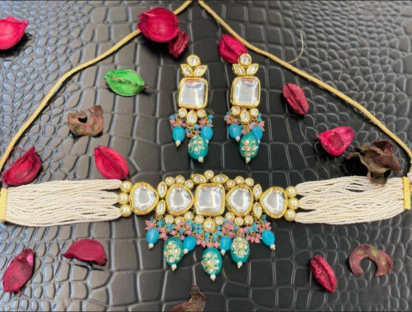 Gold Finish Kundan Polki & Rani Blue Beaded Choker Necklace With Earrings - Image 7