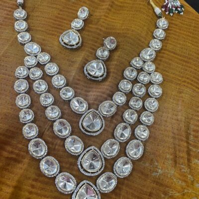 Silver Finish Kundan Polki Necklace Set