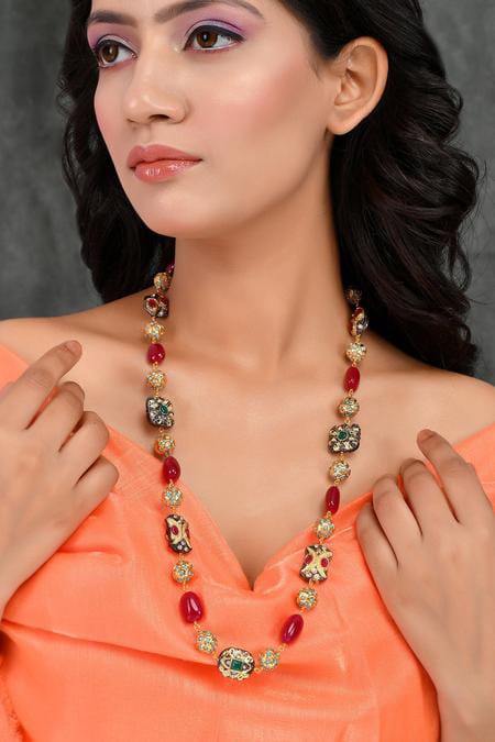 Gold Finish Multi-Colored Semi-Precious Stone & Crystal Bead Necklace - Image 2