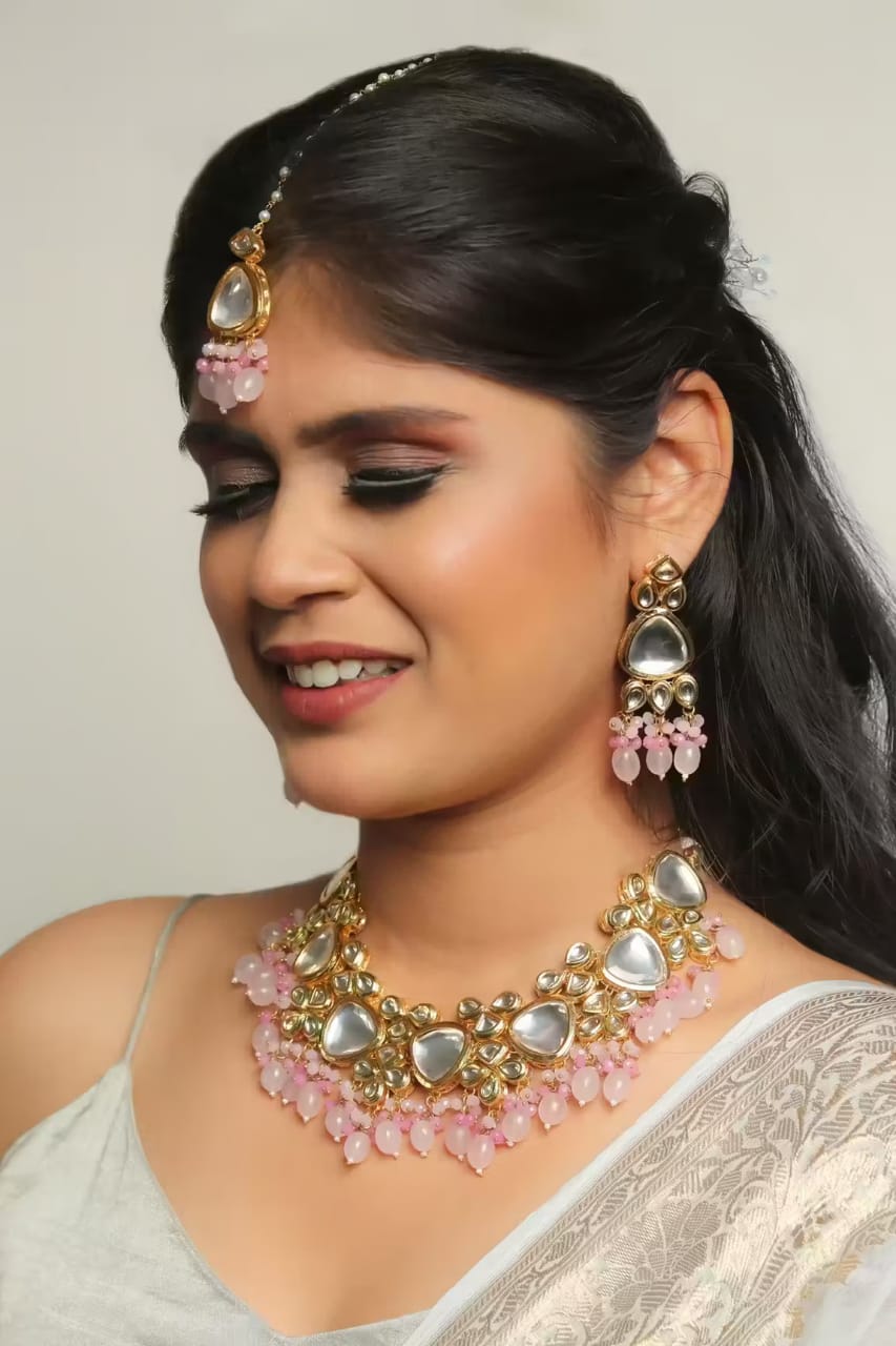 Gold Plated Bridal Kundan Polki Choker Necklace Set - Image 2