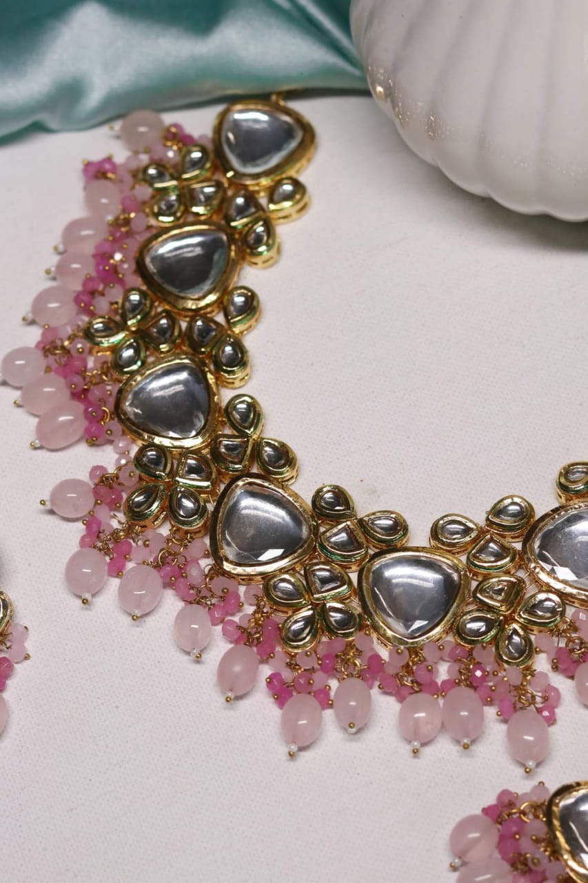 Gold Plated Bridal Kundan Polki Choker Necklace Set - Image 4