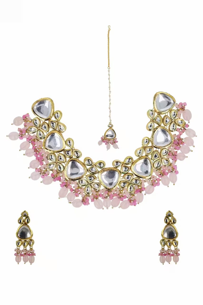 Gold Plated Bridal Kundan Polki Choker Necklace Set - Image 5
