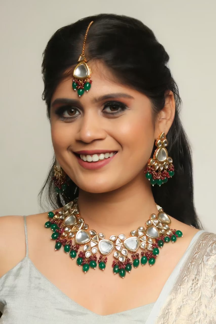 Gold Plated Bridal Kundan Polki Choker Necklace Set - Image 2