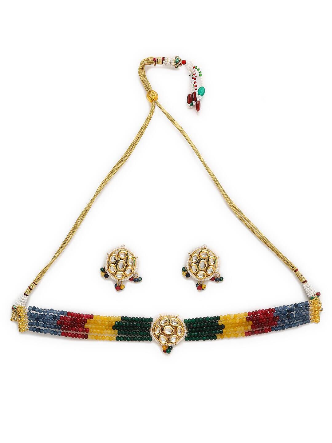 Gold Finish Kundan Polki & Multi-Colored Beaded Choker Necklace Set - Image 4