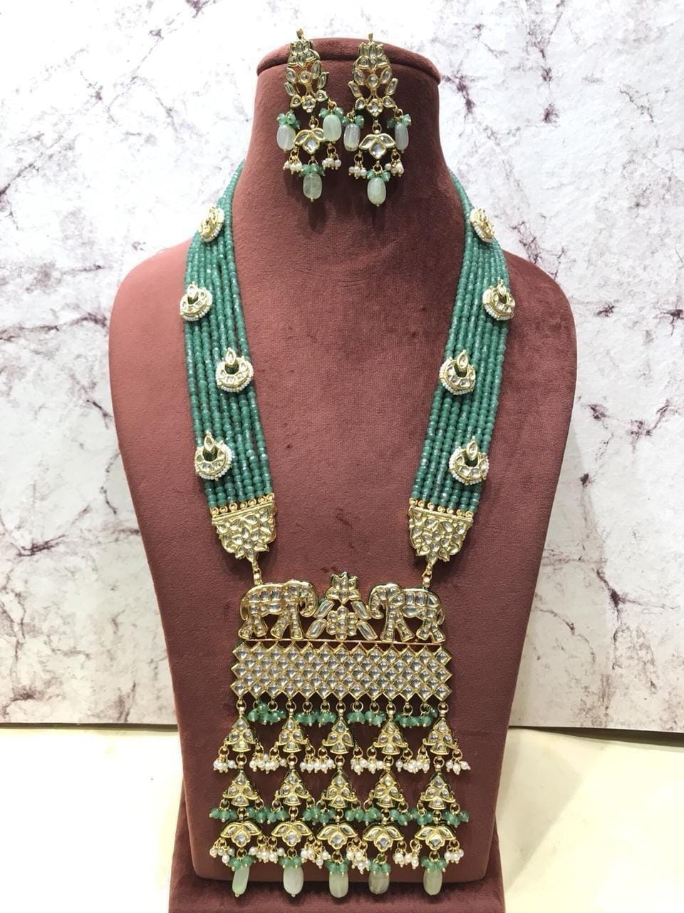 Long Necklace with Elephant Motif Kundan Necklace with Beads - Image 2