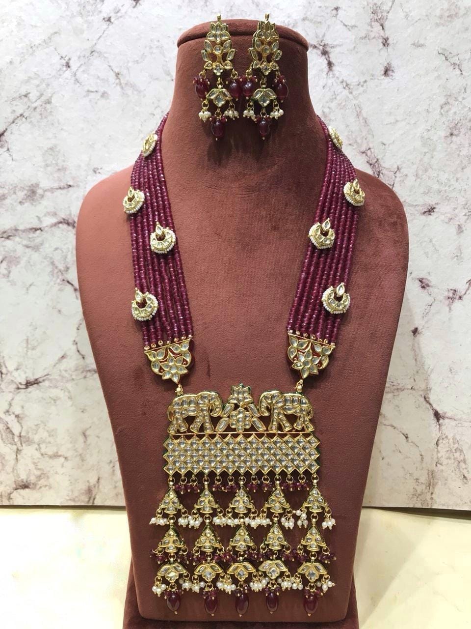 Long Necklace with Elephant Motif Kundan Necklace with Beads - Image 3